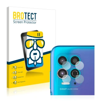 Front side of a product packaging with the brand logo BROTECT. Next to it is the device Motorola Moto G100 (ONLY Camera Lens) 