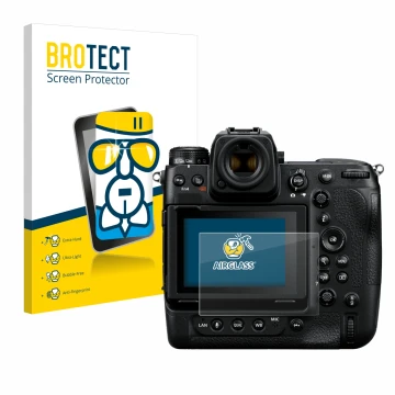 Front side of a product packaging with the brand logo BROTECT. Next to it is the device Nikon Z 9 shown with the corresponding