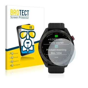 Front side of a product packaging with the brand logo BROTECT. Next to it is the device Garmin Approach S42 shown with the cor