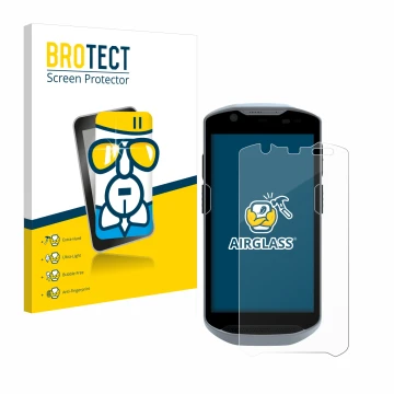 Front side of a product packaging with the brand logo BROTECT. Next to it is the device Zebra TC52x shown with the correspondi