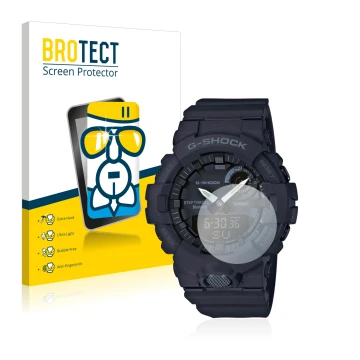 Front side of a product packaging with the brand logo BROTECT. Next to it is the device Casio G-Shock GBA800 shown with the co