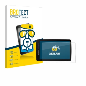 Front side of a product packaging with the brand logo BROTECT. Next to it is the device BMW Navigator VI shown with the corres