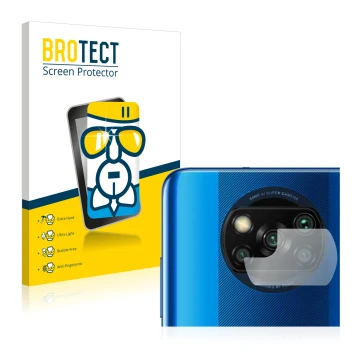 Front side of a product packaging with the brand logo BROTECT. Next to it is the device Xiaomi Poco X3 Pro (ONLY Camera Lens) 
