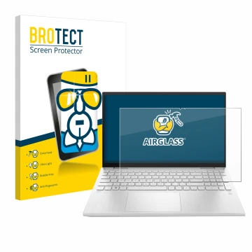 Front side of a product packaging with the brand logo BROTECT. Next to it is the device HP Pavilion x360 (15-erX) shown with t