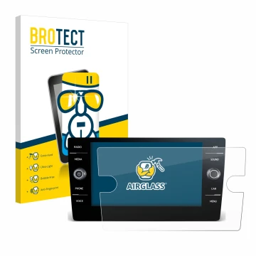 Front side of a product packaging with the brand logo BROTECT. Next to it is the device Volkswagen Tiguan 2021 Discover Media 