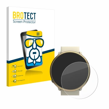 Front side of a product packaging with the brand logo BROTECT. Next to it is the device Polar Ignite 2 shown with the correspo