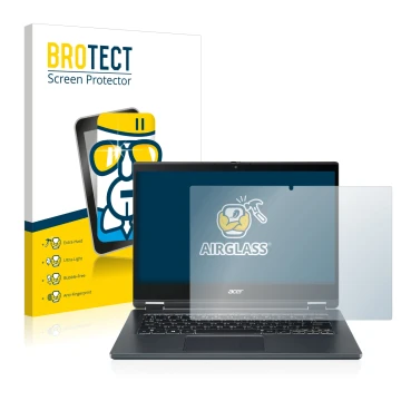 Front side of a product packaging with the brand logo BROTECT. Next to it is the device Acer TravelMate Spin P4 14