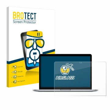 Front side of a product packaging with the brand logo BROTECT. Next to it is the device Apple MacBook Pro 13