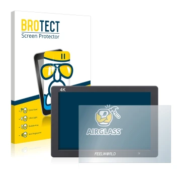 Front side of a product packaging with the brand logo BROTECT. Next to it is the device Feelworld FW279 7