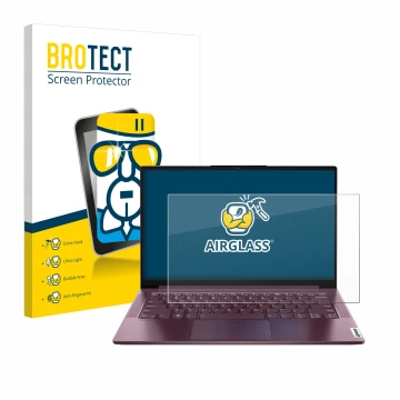 Front side of a product packaging with the brand logo BROTECT. Next to it is the device Lenovo Yoga Slim 7 14