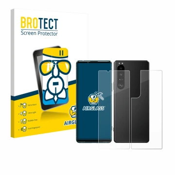 Front side of a product packaging with the brand logo BROTECT. Next to it is the device Sony Xperia 5 III (Front+Back) shown w
