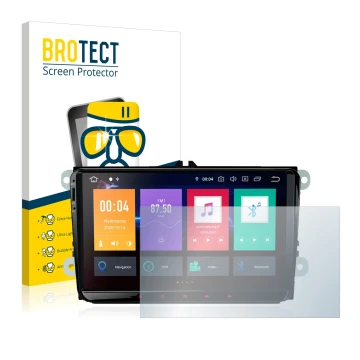 Front side of a product packaging with the brand logo BROTECT. Next to it is the device Xtrons PBE90MTVL shown with the corres