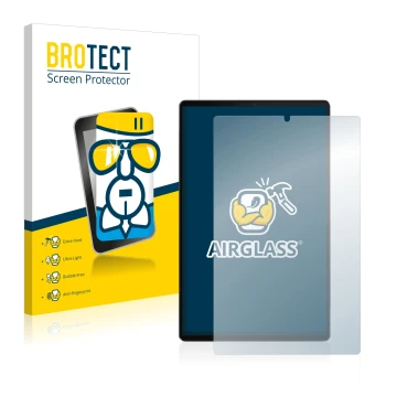 Front side of a product packaging with the brand logo BROTECT. Next to it is the device Lenovo Tab M10 FHD Plus shown with the