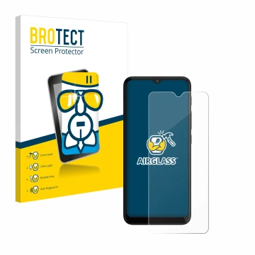 Front side of a product packaging with the brand logo BROTECT. Next to it is the device Motorola Moto G20 shown with the corre