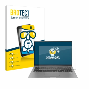 Front side of a product packaging with the brand logo BROTECT. Next to it is the device LG gram 17'' 2021 shown with the corre