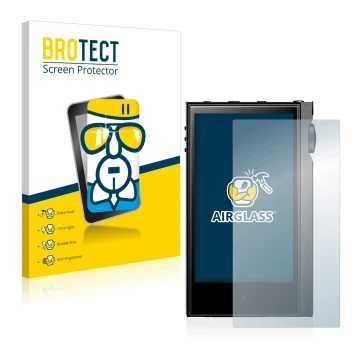 Front side of a product packaging with the brand logo BROTECT. Next to it is the device Astell&Kern Kann Alpha shown with the 