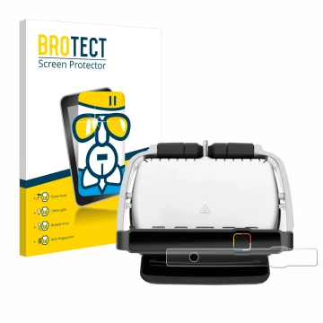Front side of a product packaging with the brand logo BROTECT. Next to it is the device Tefal OptiGrill Elite shown with the c