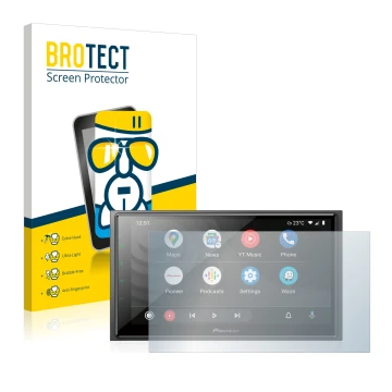 Front side of a product packaging with the brand logo BROTECT. Next to it is the device Pioneer SPH-EVO64DAB shown with the co