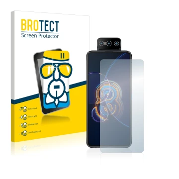 Front side of a product packaging with the brand logo BROTECT. Next to it is the device ASUS ZenFone 8 Flip shown with the cor