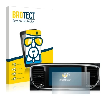 Front side of a product packaging with the brand logo BROTECT. Next to it is the device Kia Sportage QLPE 2020 Infotainment Sy