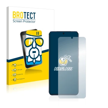 Front side of a product packaging with the brand logo BROTECT. Next to it is the device Vivo V21 5G shown with the correspondi