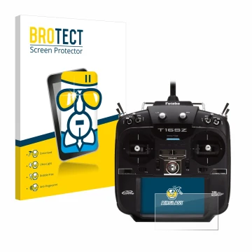 Front side of a product packaging with the brand logo BROTECT. Next to it is the device Robbe Futaba T16IZ shown with the corr