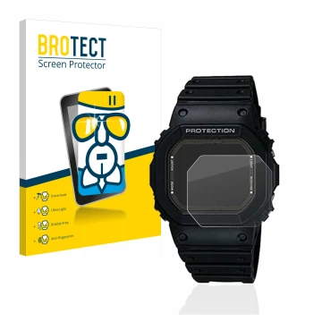 Front side of a product packaging with the brand logo BROTECT. Next to it is the device Casio G-Shock GW-5000-1JF shown with t