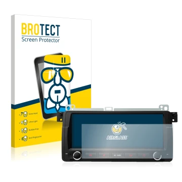 Front side of a product packaging with the brand logo BROTECT. Next to it is the device Xtrons PQ8046BL shown with the corresp
