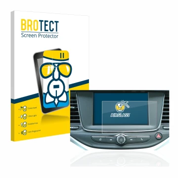 Front side of a product packaging with the brand logo BROTECT. Next to it is the device Opel Astra K IntelliLink R 4.0 2018 sh