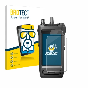 Front side of a product packaging with the brand logo BROTECT. Next to it is the device Motorola Mototrbo Ion shown with the c