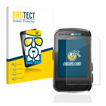 Front side of a product packaging with the brand logo BROTECT. Next to it is the device Wahoo Elemnt Bolt V2 GPS shown with th
