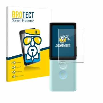 Front side of a product packaging with the brand logo BROTECT. Next to it is the device Vasco Translator M3 shown with the cor