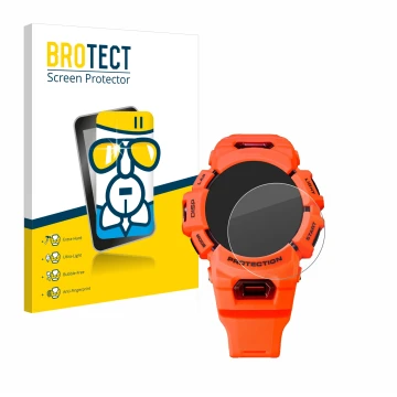 Front side of a product packaging with the brand logo BROTECT. Next to it is the device Casio G-Shock GBA-900 shown with the c