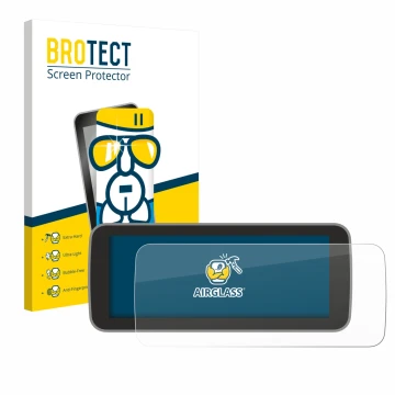 Front side of a product packaging with the brand logo BROTECT. Next to it is the device Fiat 500 E Uconnect 5 10