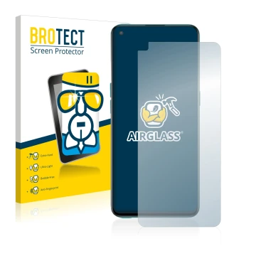 Front side of a product packaging with the brand logo BROTECT. Next to it is the device OnePlus Nord CE 5G shown with the corr