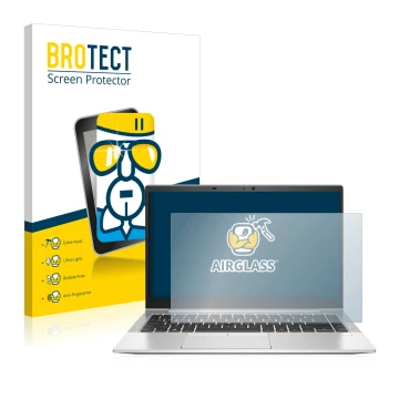 Front side of a product packaging with the brand logo BROTECT. Next to it is the device HP EliteBook 840 G7 shown with the cor