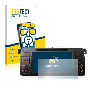 Front side of a product packaging with the brand logo BROTECT. Next to it is the device Xtrons PQ7046B shown with the correspo