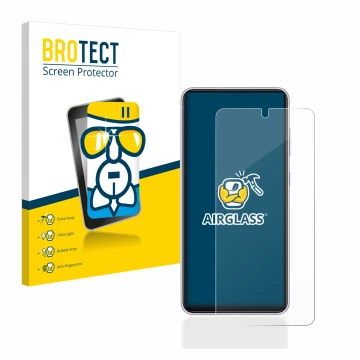 Front side of a product packaging with the brand logo BROTECT. Next to it is the device Samsung Galaxy S21 FE 5G shown with th