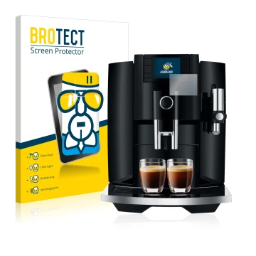 Front side of a product packaging with the brand logo BROTECT. Next to it is the device Jura E8 (EB) shown with the correspond