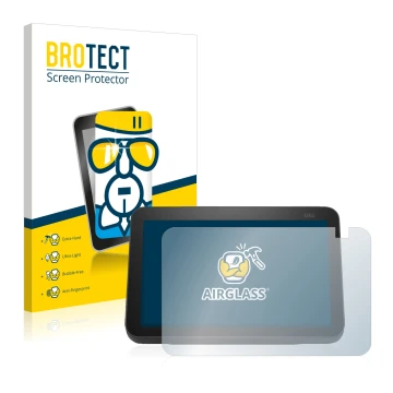 Front side of a product packaging with the brand logo BROTECT. Next to it is the device Amazon Echo Show 8 2021 (2nd Gen.) sho