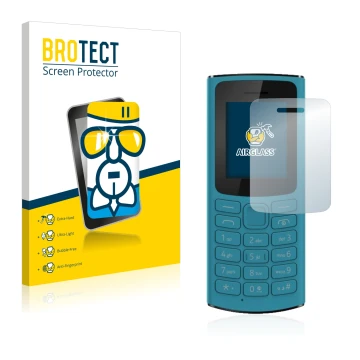 Front side of a product packaging with the brand logo BROTECT. Next to it is the device Nokia 105 4G 2021 shown with the corre