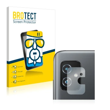 Front side of a product packaging with the brand logo BROTECT. Next to it is the device ASUS ZenFone 8 (ONLY Camera Lens) show