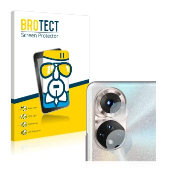 Front side of a product packaging with the brand logo BROTECT. Next to it is the device Honor 50 (ONLY Camera Lens) shown with