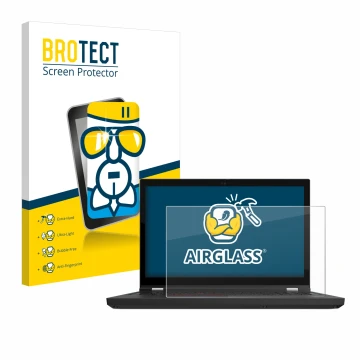 Front side of a product packaging with the brand logo BROTECT. Next to it is the device Lenovo ThinkPad P15 Gen 2 shown with t