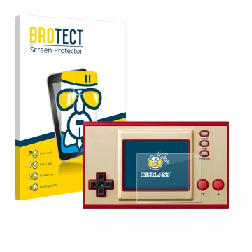 Front side of a product packaging with the brand logo BROTECT. Next to it is the device Nintendo Game & Watch Super Mario Bros