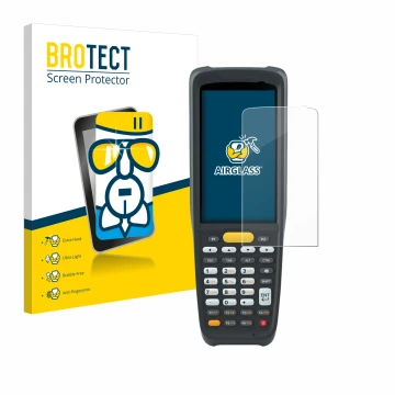 Front side of a product packaging with the brand logo BROTECT. Next to it is the device Zebra MC2200 shown with the correspond