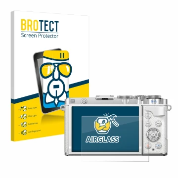 Front side of a product packaging with the brand logo BROTECT. Next to it is the device Olympus PEN E-P7 shown with the corres