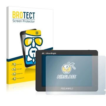 Front side of a product packaging with the brand logo BROTECT. Next to it is the device Feelworld LUT7 7