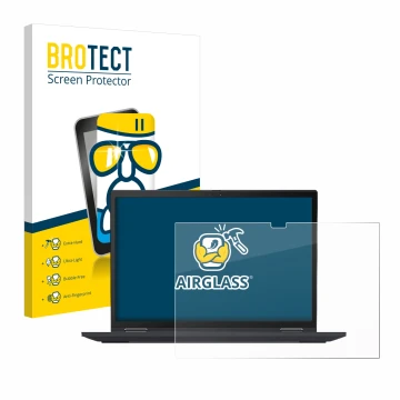 Front side of a product packaging with the brand logo BROTECT. Next to it is the device Lenovo ThinkPad X13 Yoga Gen 2 shown w