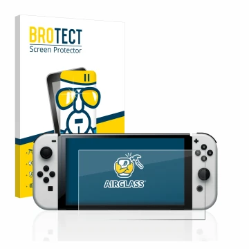 Front side of a product packaging with the brand logo BROTECT. Next to it is the device Nintendo Switch OLED-Modell shown with